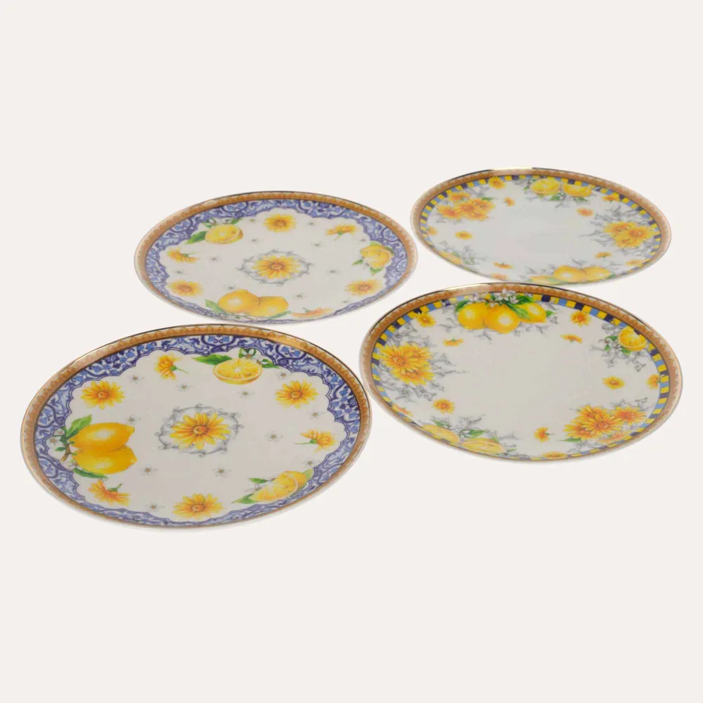 Servizio 4 Piatti Porcellana Decorata con Limoni e Fiori – Stile Mediterraneo