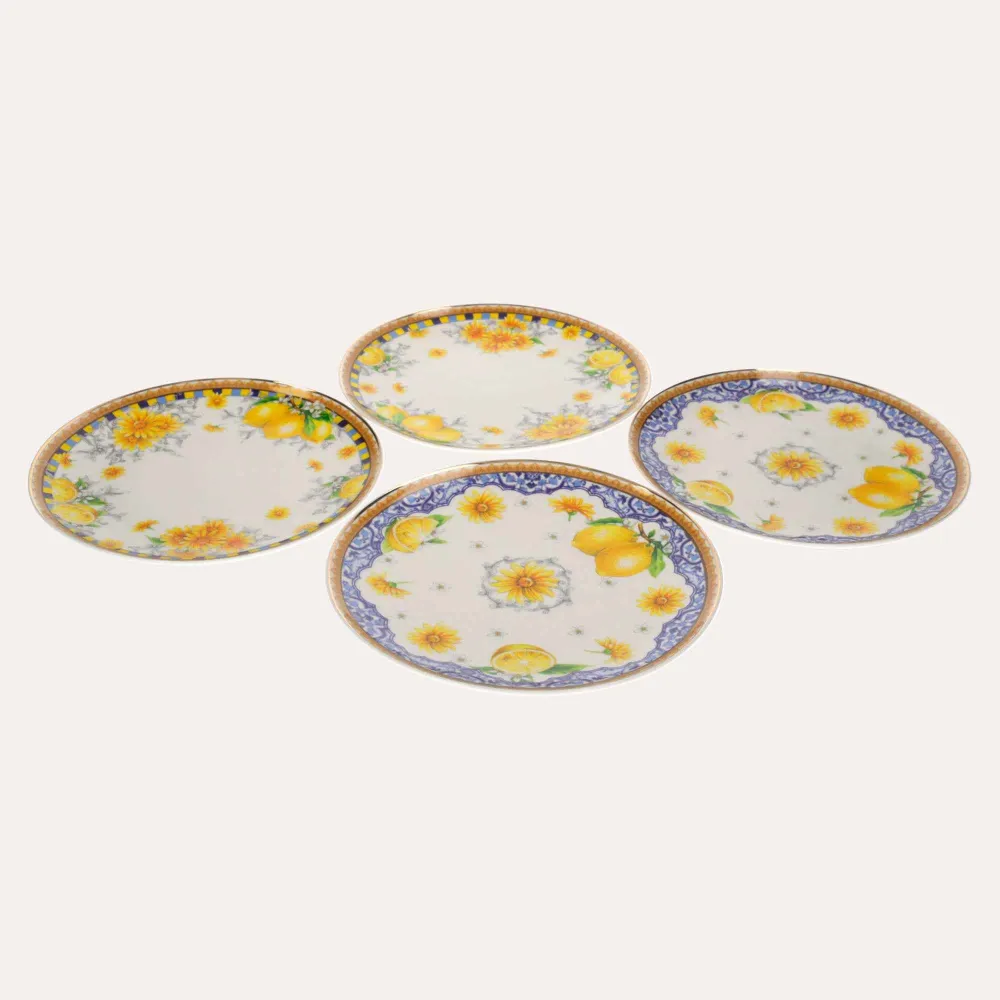 Servizio 4 Piatti Porcellana Decorata con Limoni e Fiori – Stile Mediterraneo