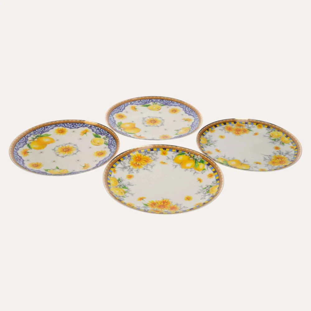 Servizio 4 Piatti Porcellana Decorata con Limoni e Fiori – Stile Mediterraneo