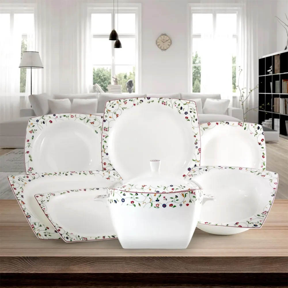Servizio piatti quadrato con decoro floreale fine bone china - Flavia