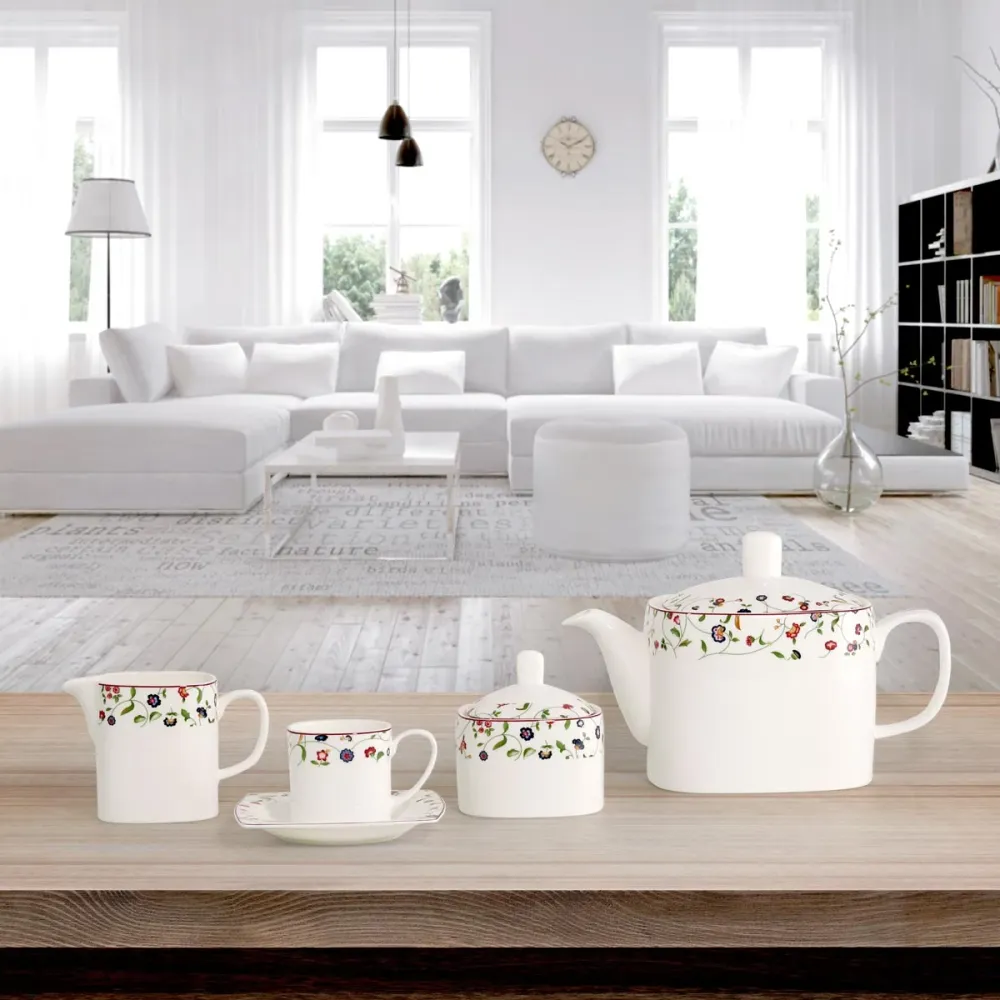 Servizio piatti quadrato con decoro floreale fine bone china - Flavia