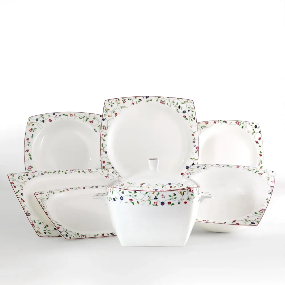 Servizio piatti quadrato con decoro floreale fine bone china - Flavia