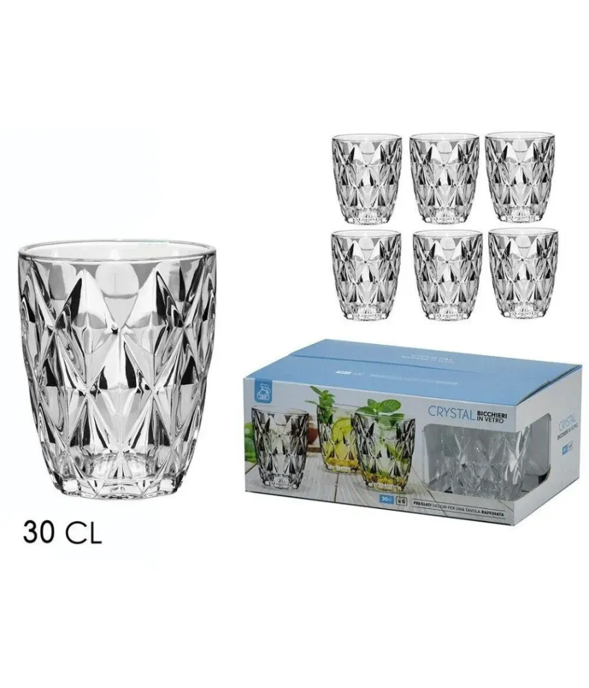Set 6 Bicchieri Crystal 30cl Vetro Trasparente Elegante Per Bibite Vino Acqua