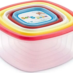Set Di 5 Contenitori Ermetici Per Alimenti Con Coperchio Quadrati Varie Misure