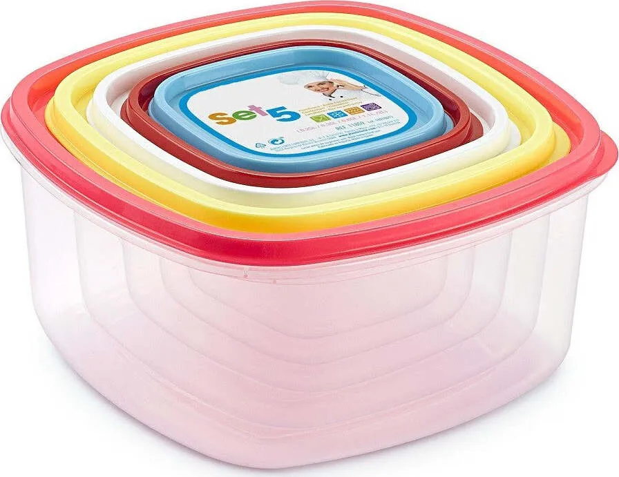 Set Di 5 Contenitori Ermetici Per Alimenti Con Coperchio Quadrati Varie Misure