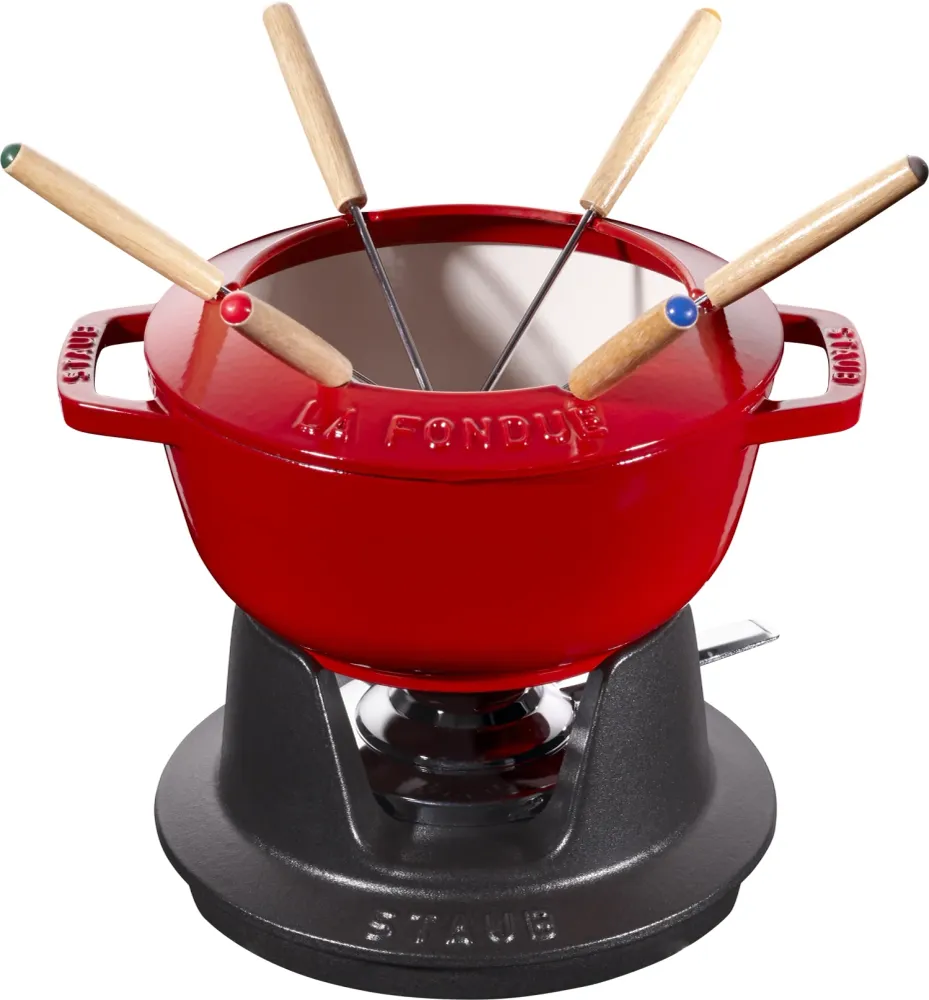 Set fonduta rosso ciliegia con 2 manici, rotondo. 18 cm