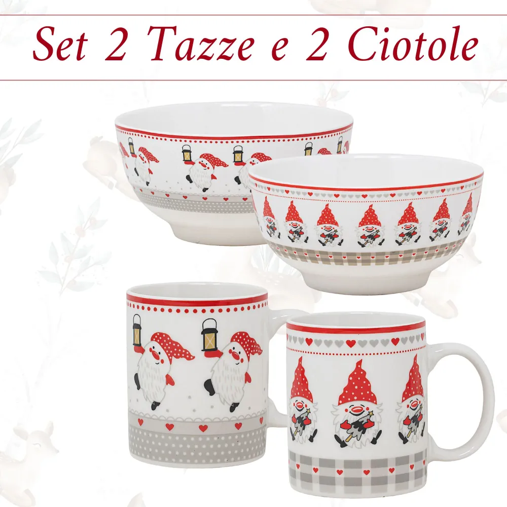 Set 2 Mug + 2 Ciotole 310 ml – Gnomi | Colazioni Festa