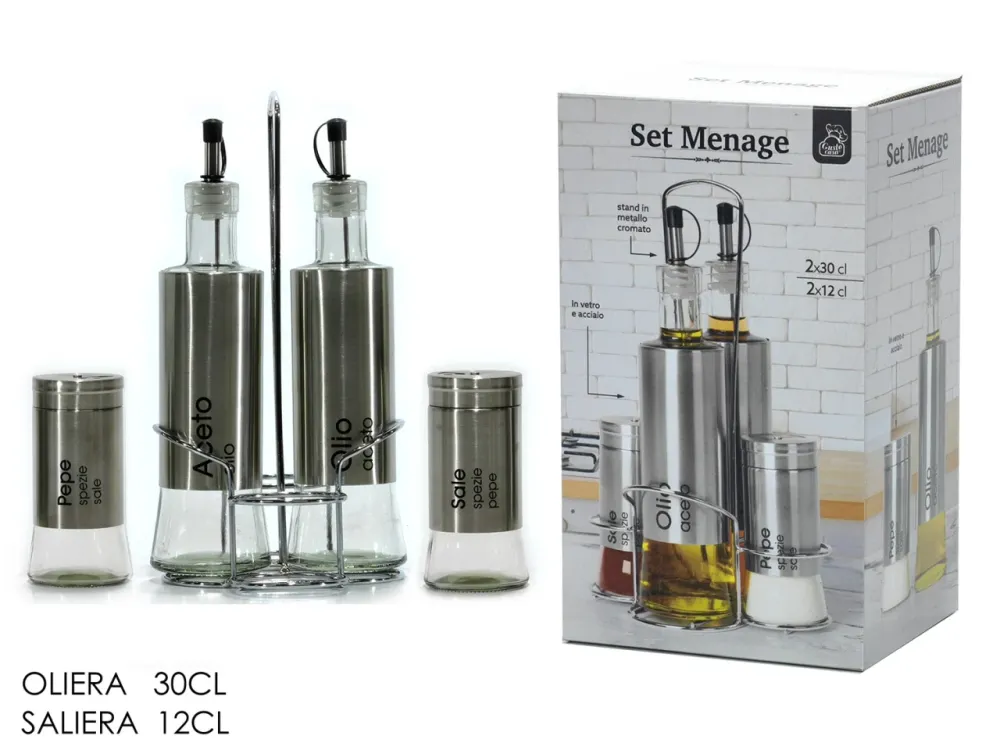 Set olio aceto sale e pepe conposto da 4 pezzi con stand