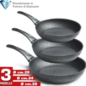 Set 3 Padelle 20 24 28cm Rivestite Con Polvere Di Diamante Padella Antiaderente