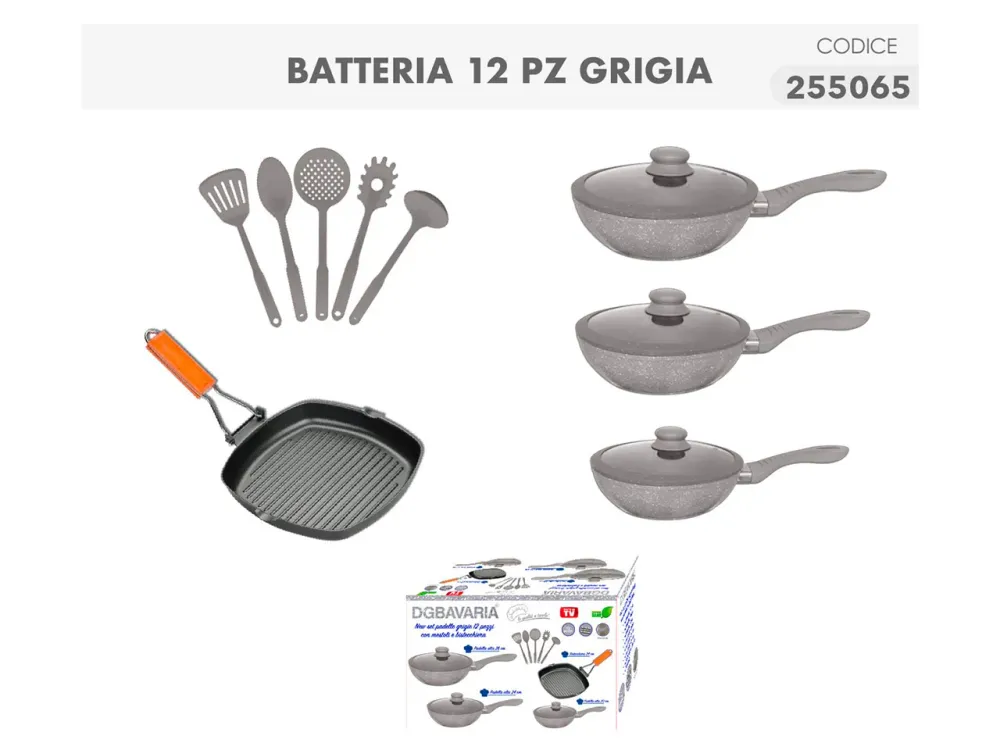 Set di padelle, bistecchiera e mestoli da 12 pezzi per induzione con manico gomma antiscivolo - Casalinghi del Giudice