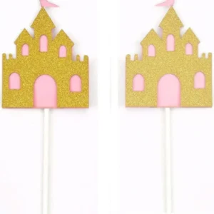 Set 12 Pezzi Stuzzicadenti Castello Glitter Cupcake Oro Rosa Brillantinato Festa
