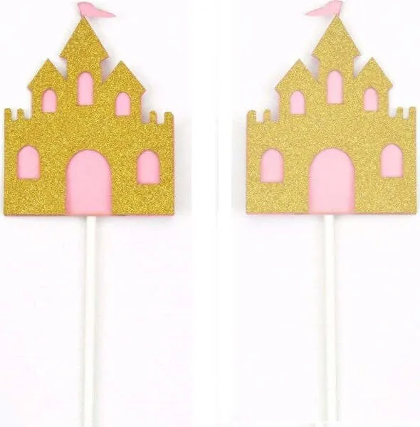 Set 12 Pezzi Stuzzicadenti Castello Glitter Cupcake Oro Rosa Brillantinato Festa