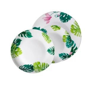 Set piatti per 6 persone ceramica bianco e verde jungle con foglie e fiori - Casa Milano