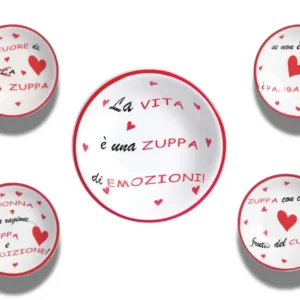 Set quattro piatti fondi per zuppa 20 cm con scritte + insalatiera 27 cm con scritta