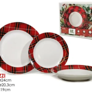 Set Servizio Di 18 Pz Piatti Con Motivo Bordo Tartan Porcellana Da Tavola Natalizio