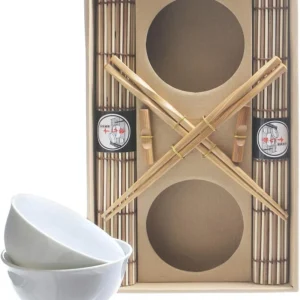 Set Sushi Cibo Giapponese 2 Persone Bacchette Legno Ciotole Tovagliette Naturale