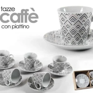 Set 6 Pz Tazzine Caffè Con 6 Piattini Bianco Deco Porcellana Decorate 780776