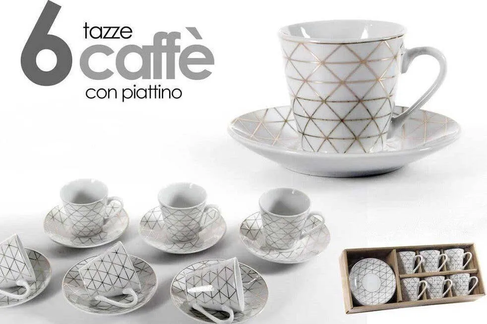 Set 6 Tazzine Caffè + 6 Piattini Tazzina Classico Moderno Bianco Eleganti 780721