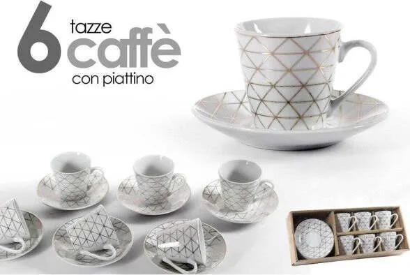 Set 6 Tazzine Caffè + 6 Piattini Tazzina Classico Moderno Bianco Eleganti 780721