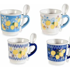 Set 4 tazzine da caffè porcellana "Agrumi" con cucchiaino. Capacità: 90 ml - Con design 360°