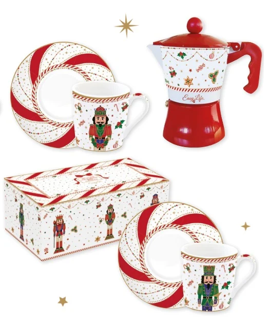 Set 2 tazzine porcellana e caffettiera confezione regalo Nutcracker Twist