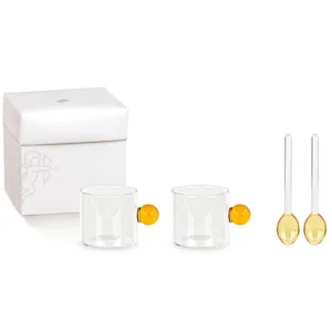 SET 2 TAZZINE VETRO CON MANICO AMBRA (5x5cm)+CUCCHIAINI (h.10cm) CON SCATOLA