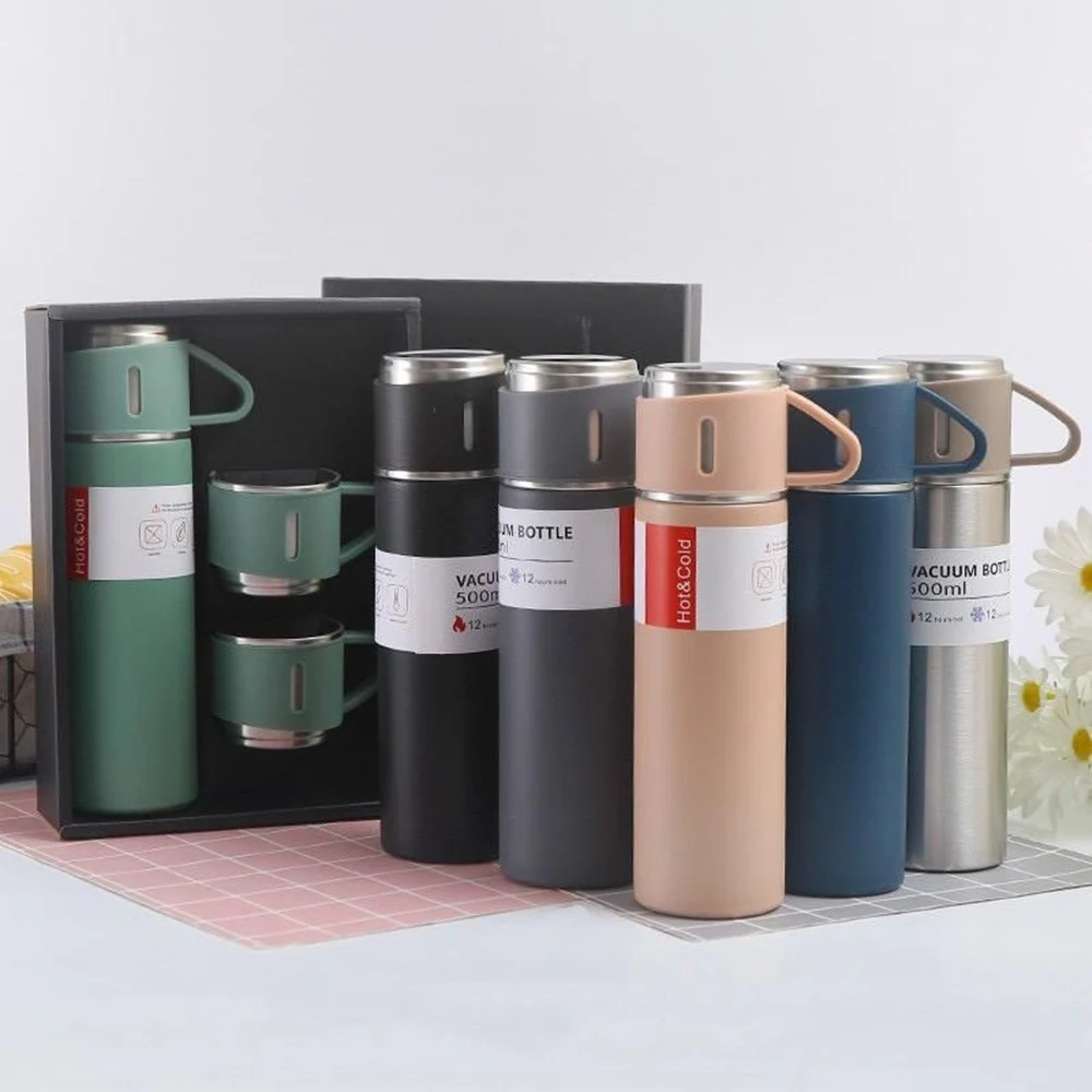 Set Thermos Acciaio Infrangibile Doppia Parete Da 500 Ml Con 2 Tazze Termiche Regalo
