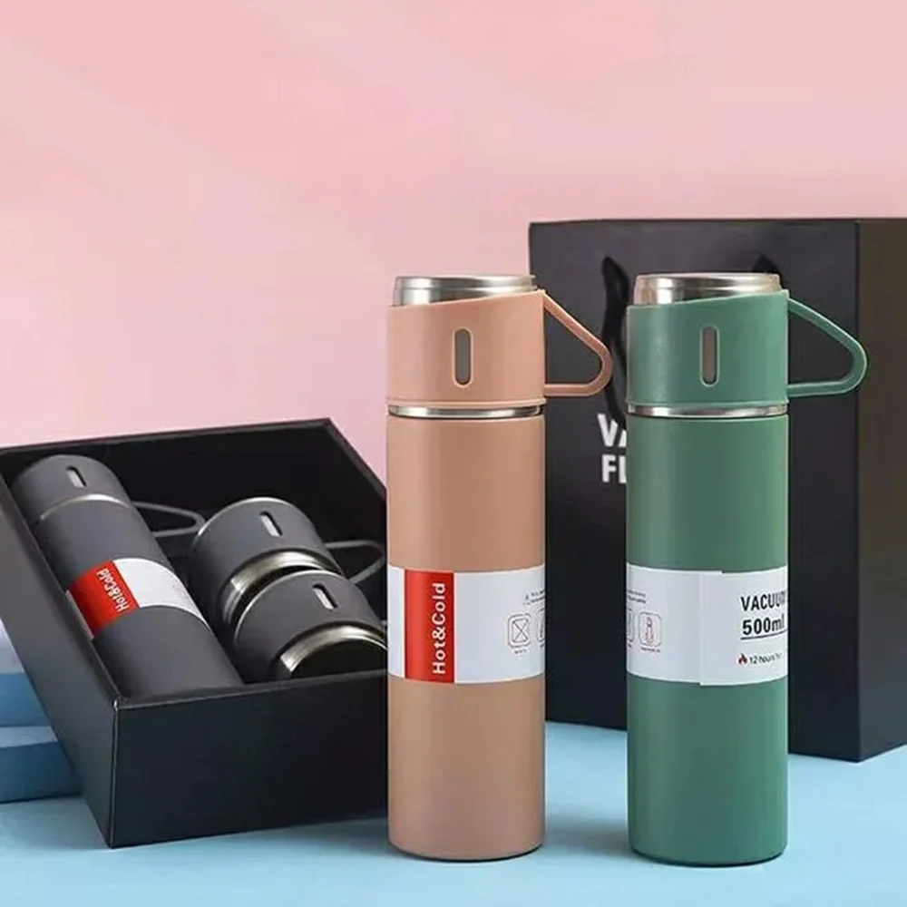 Set Thermos Acciaio Infrangibile Doppia Parete Da 500 Ml Con 2 Tazze Termiche Regalo