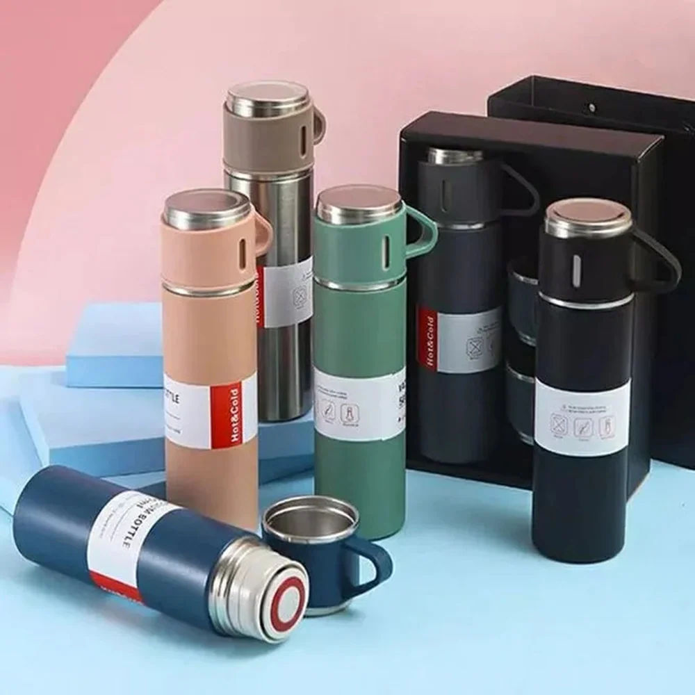 Set Thermos Acciaio Infrangibile Doppia Parete Da 500 Ml Con 2 Tazze Termiche Regalo