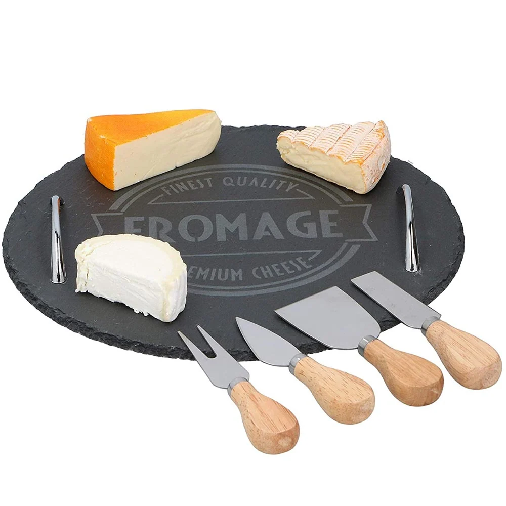 Set Vassoio Tagliere Tondo per Formaggio Ardesia + 4 Strumenti Formaggi