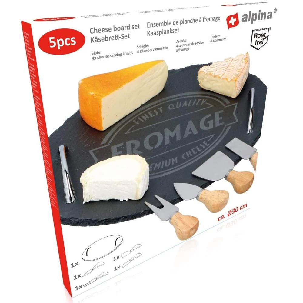 Set Vassoio Tagliere Tondo per Formaggio Ardesia + 4 Strumenti Formaggi