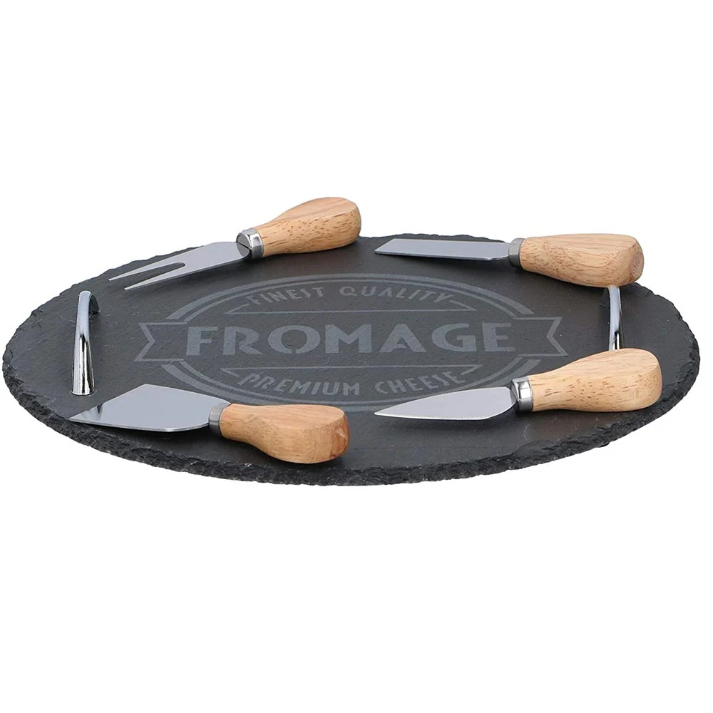 Set Vassoio Tagliere Tondo per Formaggio Ardesia + 4 Strumenti Formaggi