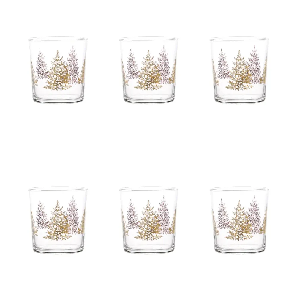 SIMPLE DAY Set 6 Bicchieri Alberi Natalizi 350ml Oro Vetro