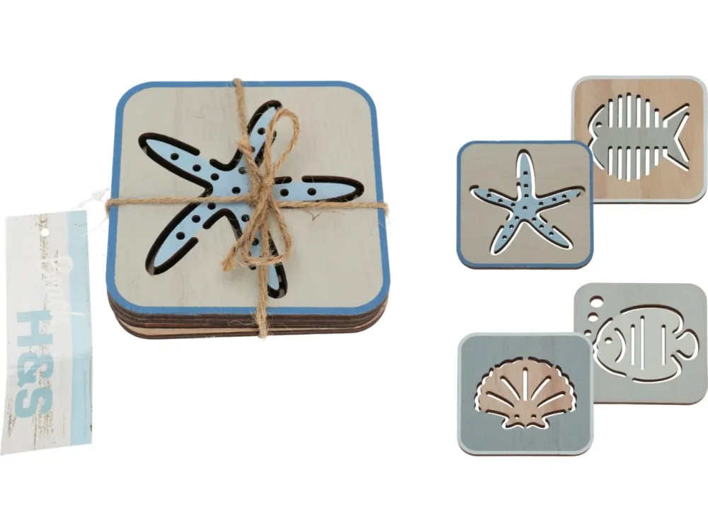 Sotto bicchiere compensato stile marinaro set da 4 colori assortiti - 10x10 cm - Koopman