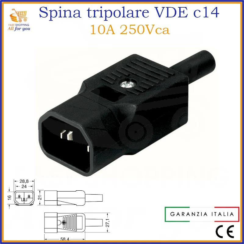 Spina C14 Tripolare VDE Volante 10A 250V per Alimentazione PC/Apparecchi