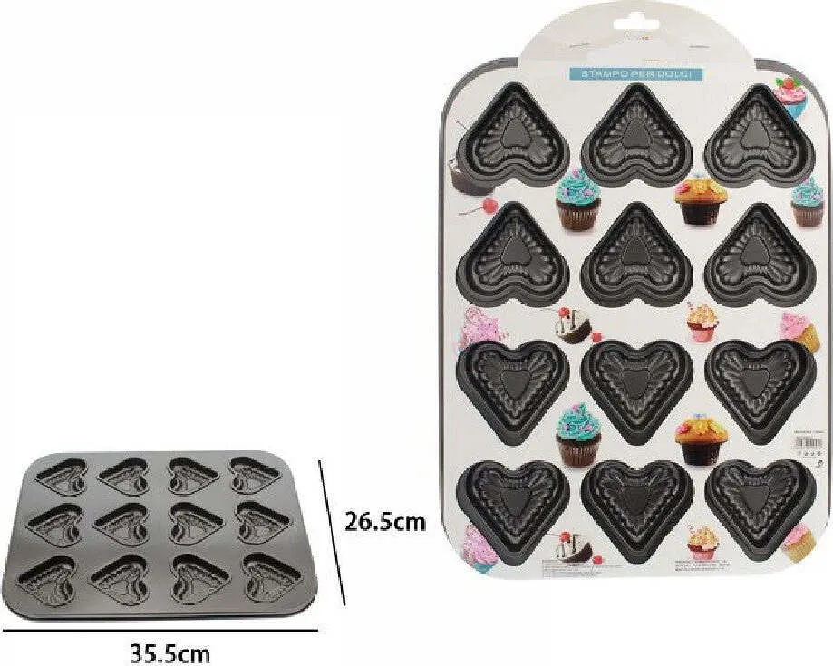 Stampo Teglia Vassoio Antiaderente Per 12 Muffin Cupcake Dolci Budino Cuori 59947