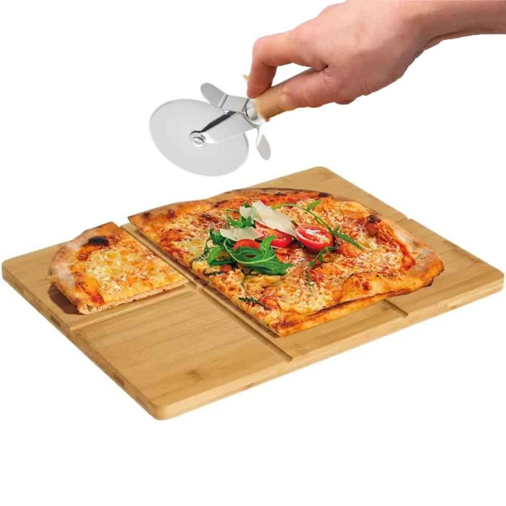 Tagliere Bambù con Guide per Taglio e Rotellina Taglia Pizza 40 x 30 cm