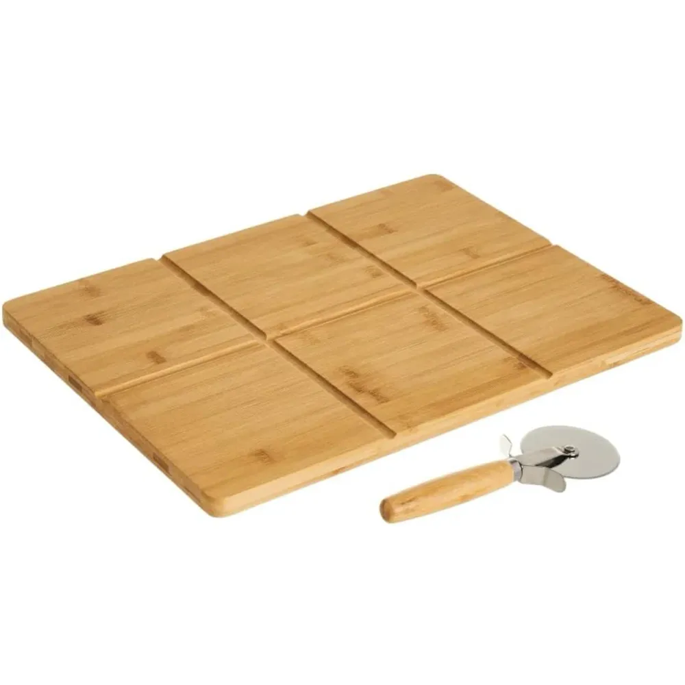Tagliere Bambù con Guide per Taglio e Rotellina Taglia Pizza 40 x 30 cm