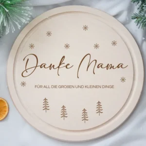 Tagliere rotondo per la colazione con scritta "Grazie mamma" con fiocchi di neve e albero di Natale