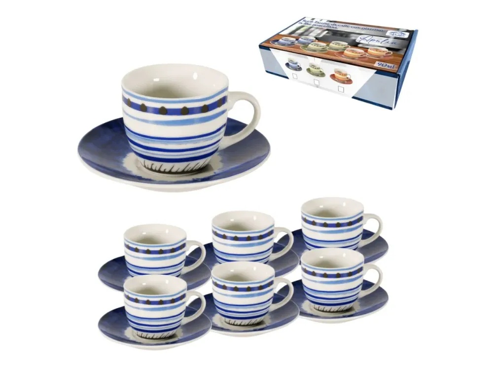 Tazzine da caffe stile mediterraneo porcellana blu 90 ml, set da 6 tazze e 6 piattini, Linea Apulia - Maison TortorÃ