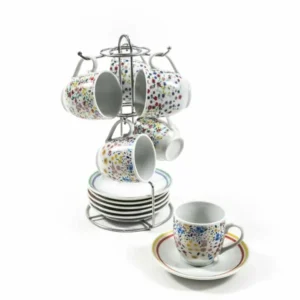Tazzine porcellana set da 6 con piattino e supporto acciaio 90ml 14.6x12.5xh.24cm