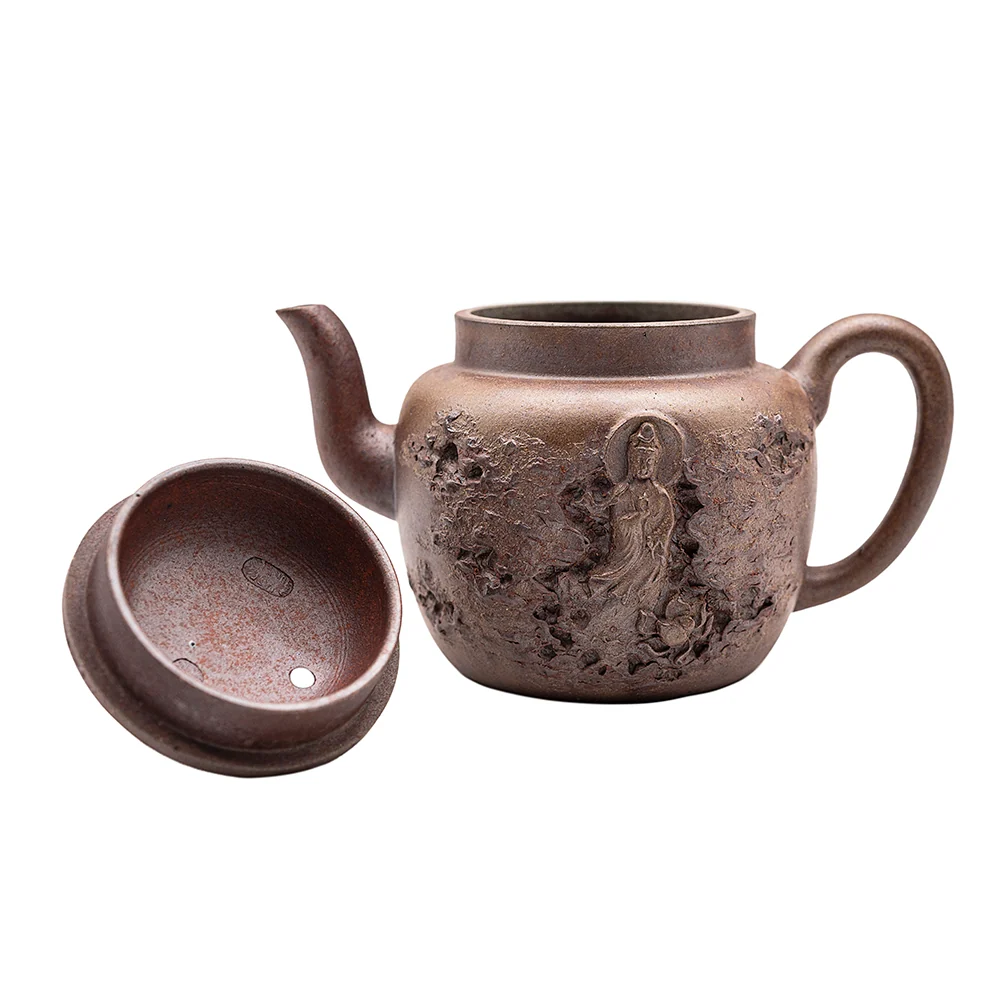 Teiera argilla Yixing forma di figura con coperchio piatto, cotta al legno # 94798