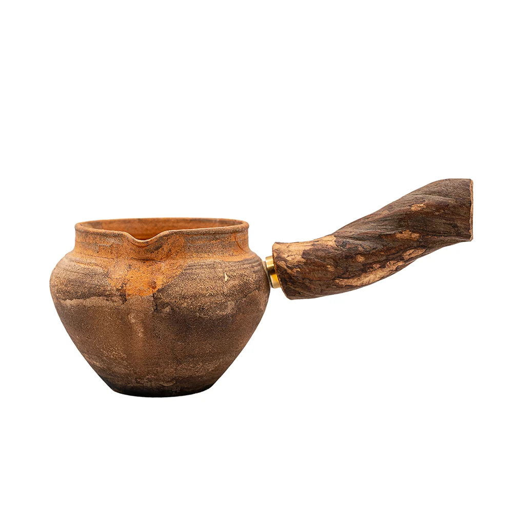Teiera rustica terracotta con manico laterale e manico legno # 95825