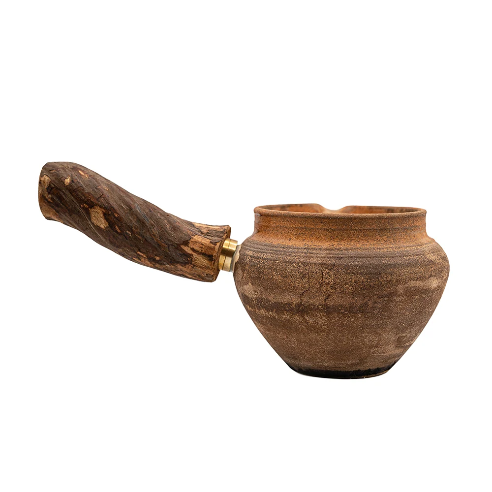 Teiera rustica terracotta con manico laterale e manico legno # 95825