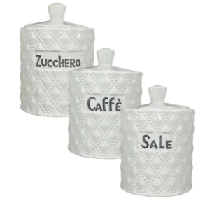 Tris Barattoli da cucina shabby ceramica per zucchero, sale e pepe, chiusura ermetica, bianco lavorazioni diagonali - comp...