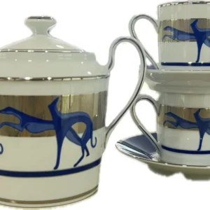 Trussardi set 2 tazzine da caffè con zuccheriera porcellana di Limoges finitura platino LEVRIERI_BLU