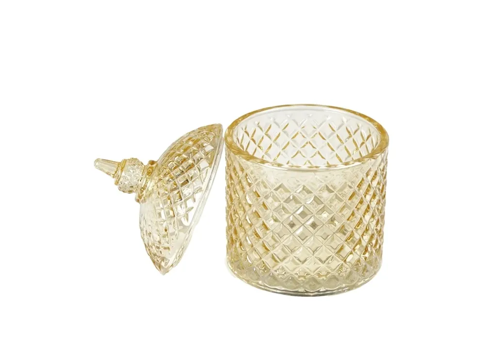 Vaso con coperchio classico vetro con coperchio e decoro rilievo, giallo -15x10 cm - Plà thea