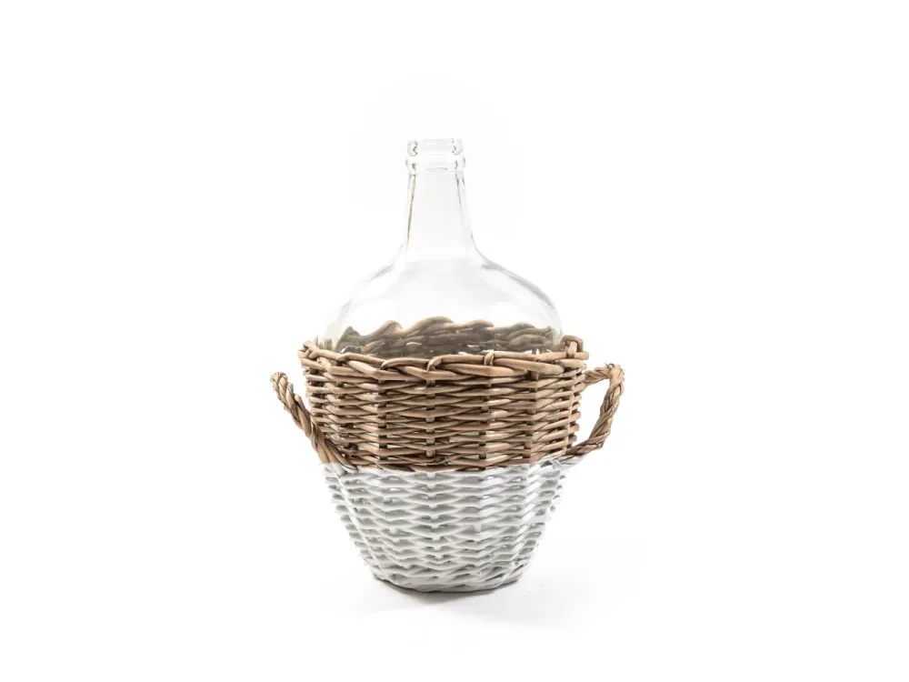 Vaso decorativo damigiana country vetro e vimini bianco e naturale 28,5x17 cm - M Home