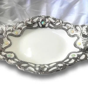 Vassoio da cucina ceramica bianca con decorazione argento e strass idea regalo centro tavola 41x26cm