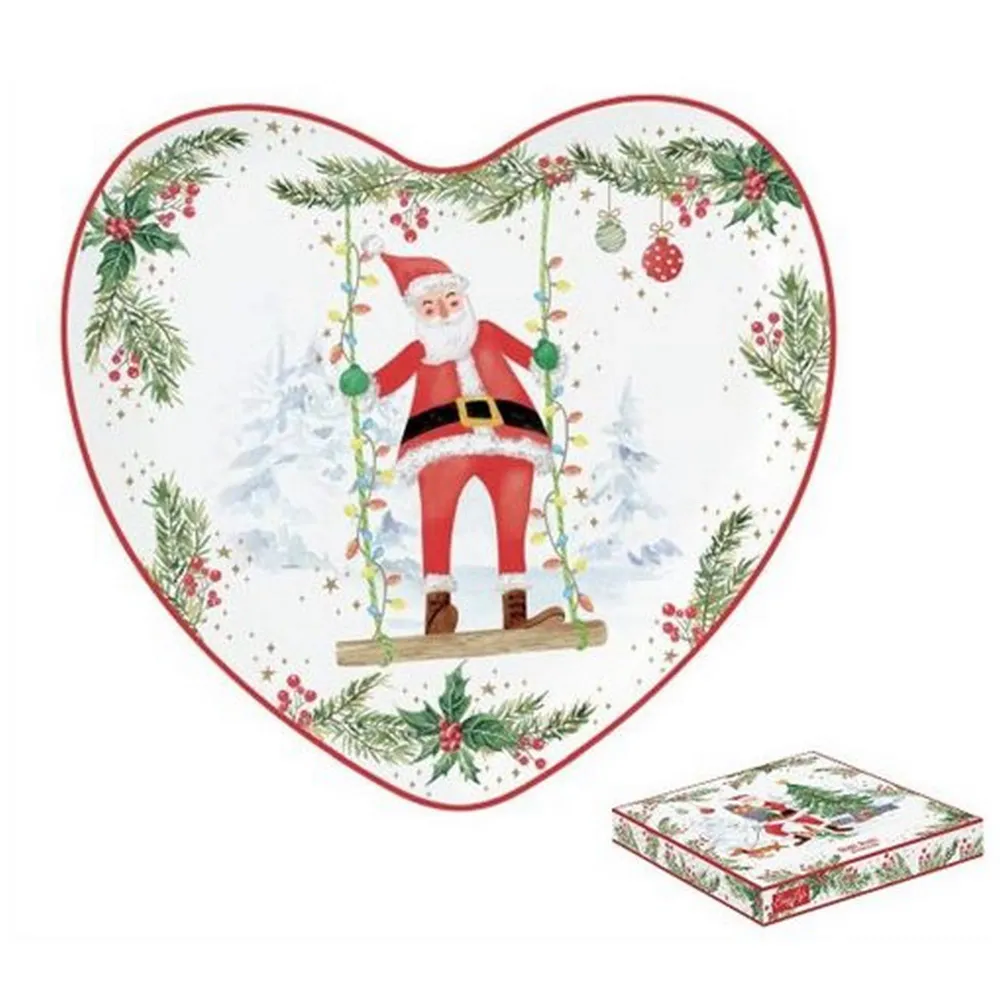 Vassoio cuore porcellana 20x19cm, scatola, Joyful Santa